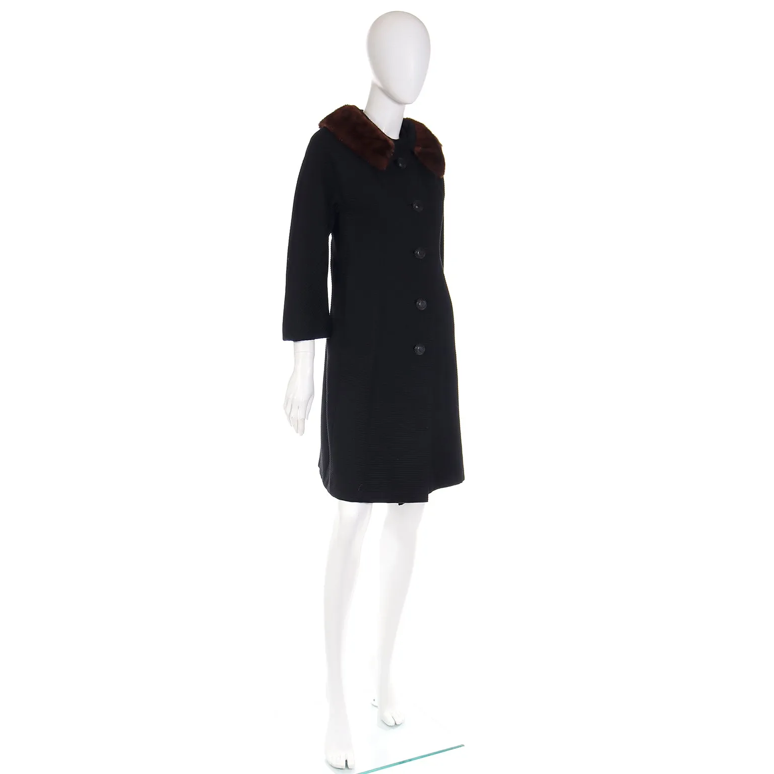 1960s Vintage Black Ottoman Coat With Mink Fur Collar