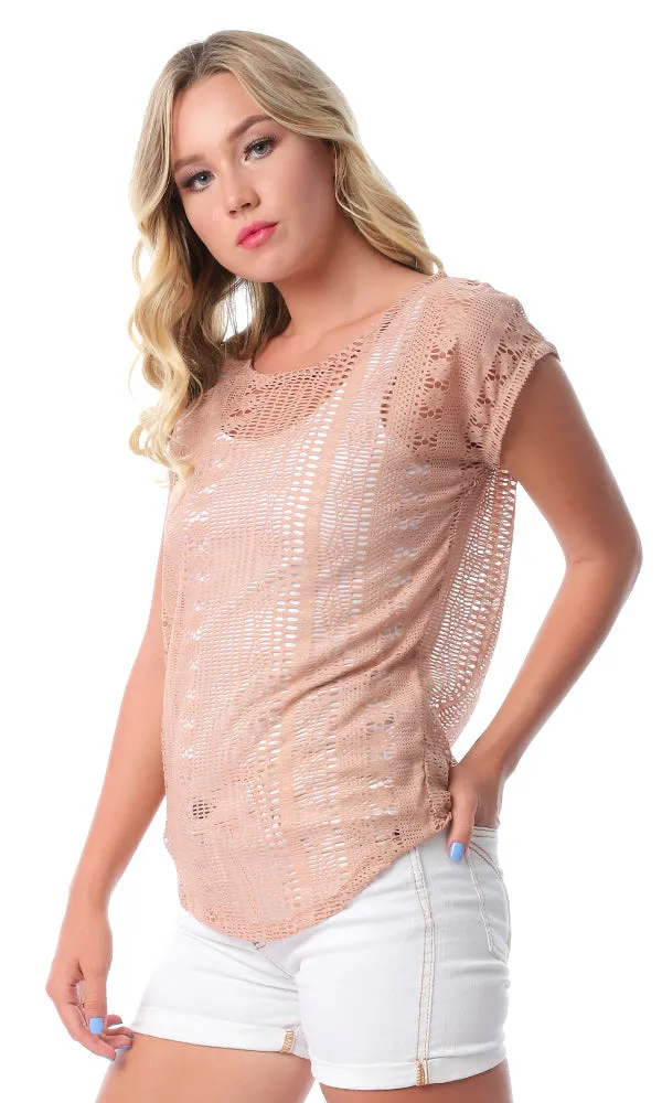 54483 Cap Sleeves Perforated Slip On Nude T-shirt