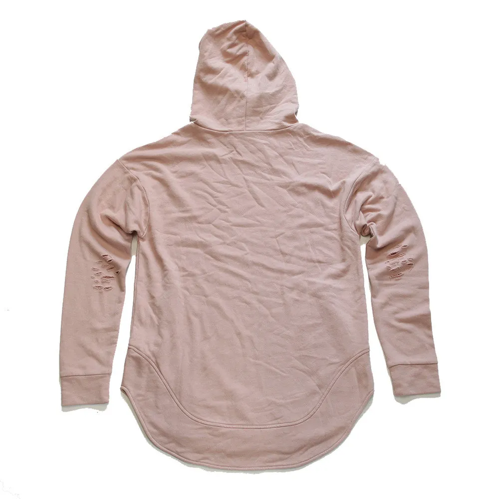 Rose Quartz Curved Hem Men Distressed Scoop Hoodie