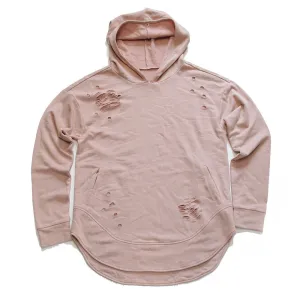 Rose Quartz Curved Hem Men Distressed Scoop Hoodie